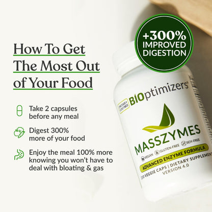 BIOptimizers MassZymes - Complete Digestive Enzymes Supplement for Gut Health - Bloating Relief for Men and Women - Lipase Amylase Bromelain Digestive Enzymes (30 Capsules) - OmniHealth US
