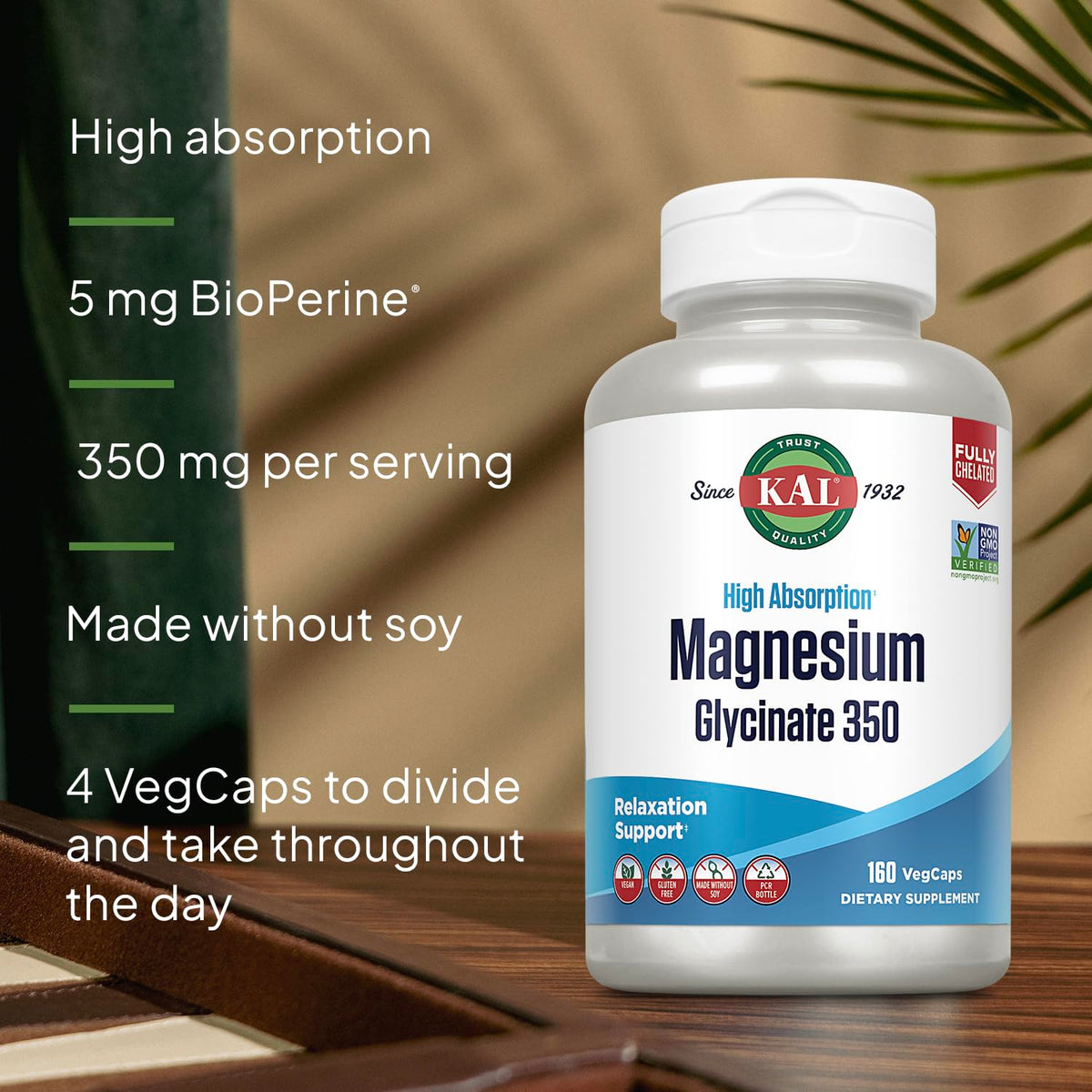 KAL Magnesium Glycinate Capsules, Fully Chelated Magnesium Bisglycinate, High Absorption Magnesium Supplement, Healthy Bones, Muscle, OmniHealth US