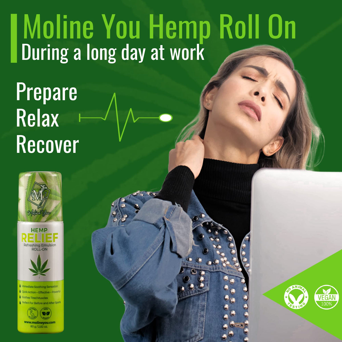 Moline You Natural Powerful Hemp Roll On, for Joint & Muscle Discomfort, Back, Neck, Knee, Shoulders HIPS. Formula with Hemp Oil Extract, Arnica, Menthol (Roll On 3 oz) Moline YouBuy Supplements Australia