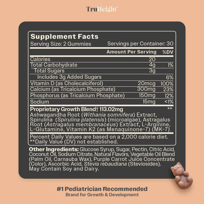 TruHeight Growth Gummies (Watermelon) Tall Nutrition for Natural Growth Supplement for Kids & Teens - Vitamin D, K, Calcium & Ashwagandha - OmniHealth US