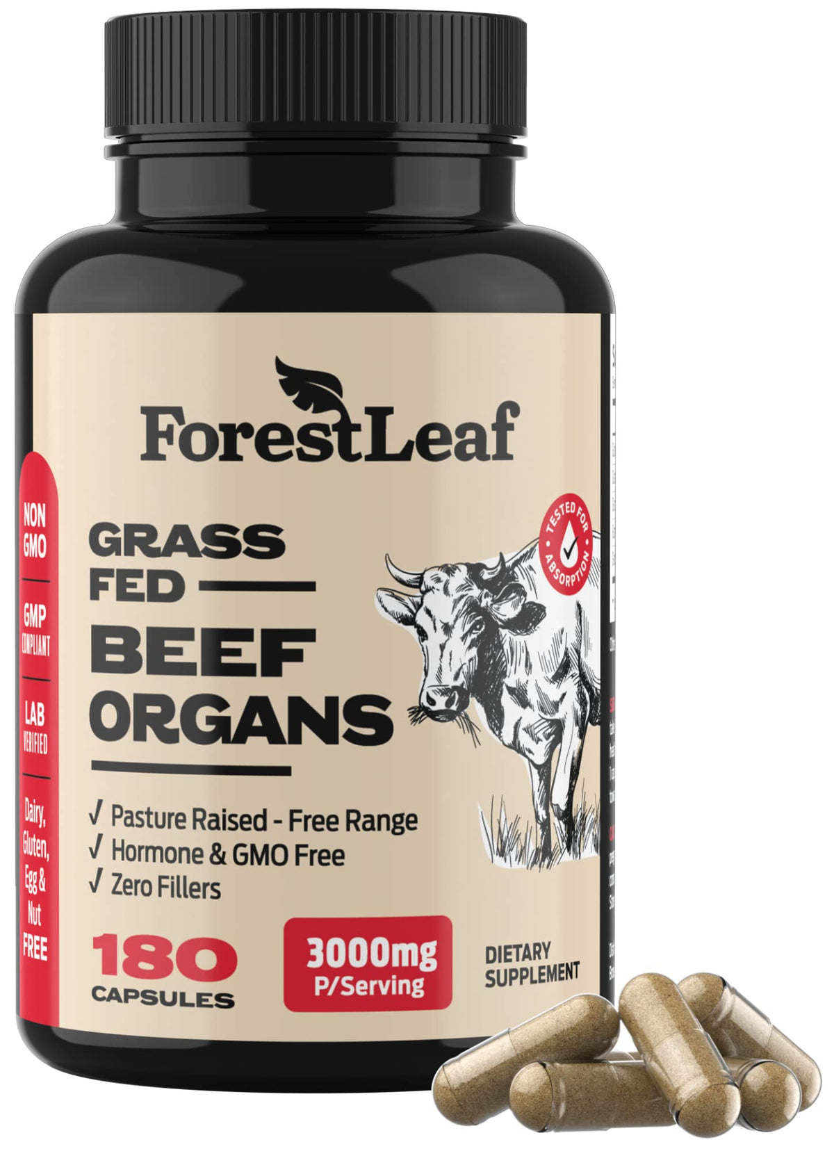 ForestLeaf Beef Organ Supplement - Grass Fed & Pasture Raised - Total Body Wellness & Performance, Organ Complex with 3000mg of Desiccated Beef Liver, OmniHealth US