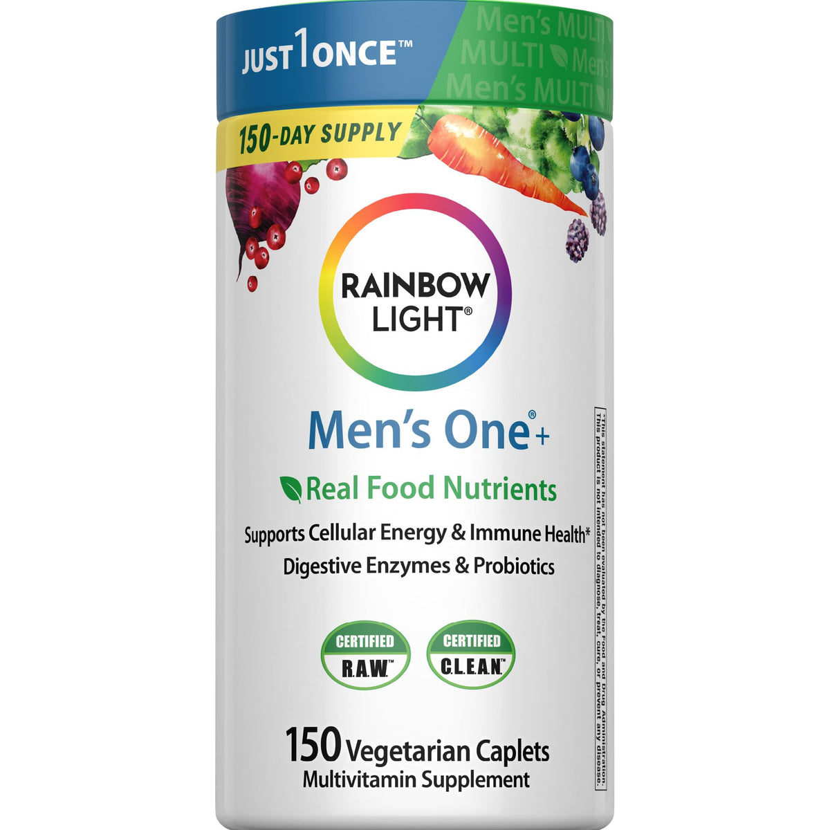 Rainbow Light Mens Multivitamin One + | 150 Caplets | Supports Cellular Energy & Immune Health | with Vitamins C, D, and Zinc | Real Food Nutrients - OmniHealth US
