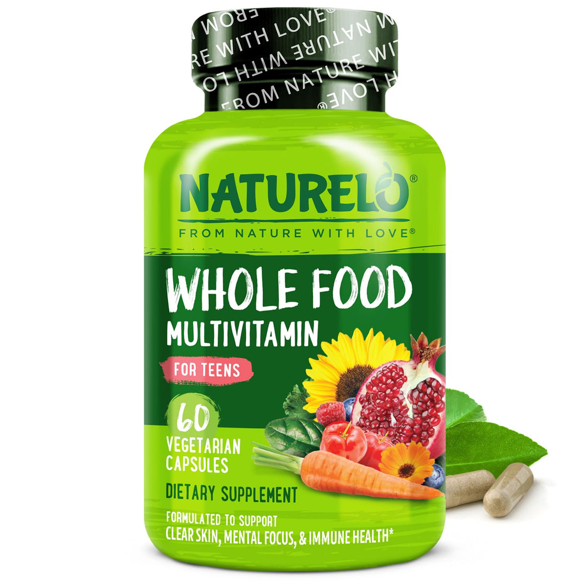 NATURELO Multivitamins for Teenage Girls/Boys, 60 Capsules, Whole Food Multivitamin with Minerals, Non-GMO, Vegetarian - OmniHealth US
