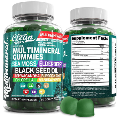 Sea Moss Gummies | Clinically Tested - Black Seed Oil Ashwagandha Elderberry Burdock Root Chlorella Manuka Honey - Vegan Irish Sea Moss Gummy Vitamins - OmniHealth US