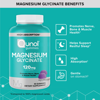 Qunol Magnesium Glycinate Gummies, 120mg of Magnesium Glycinate, High Absorption, Mixed Berry, 90 Count (Pack of 1) - OmniHealth US