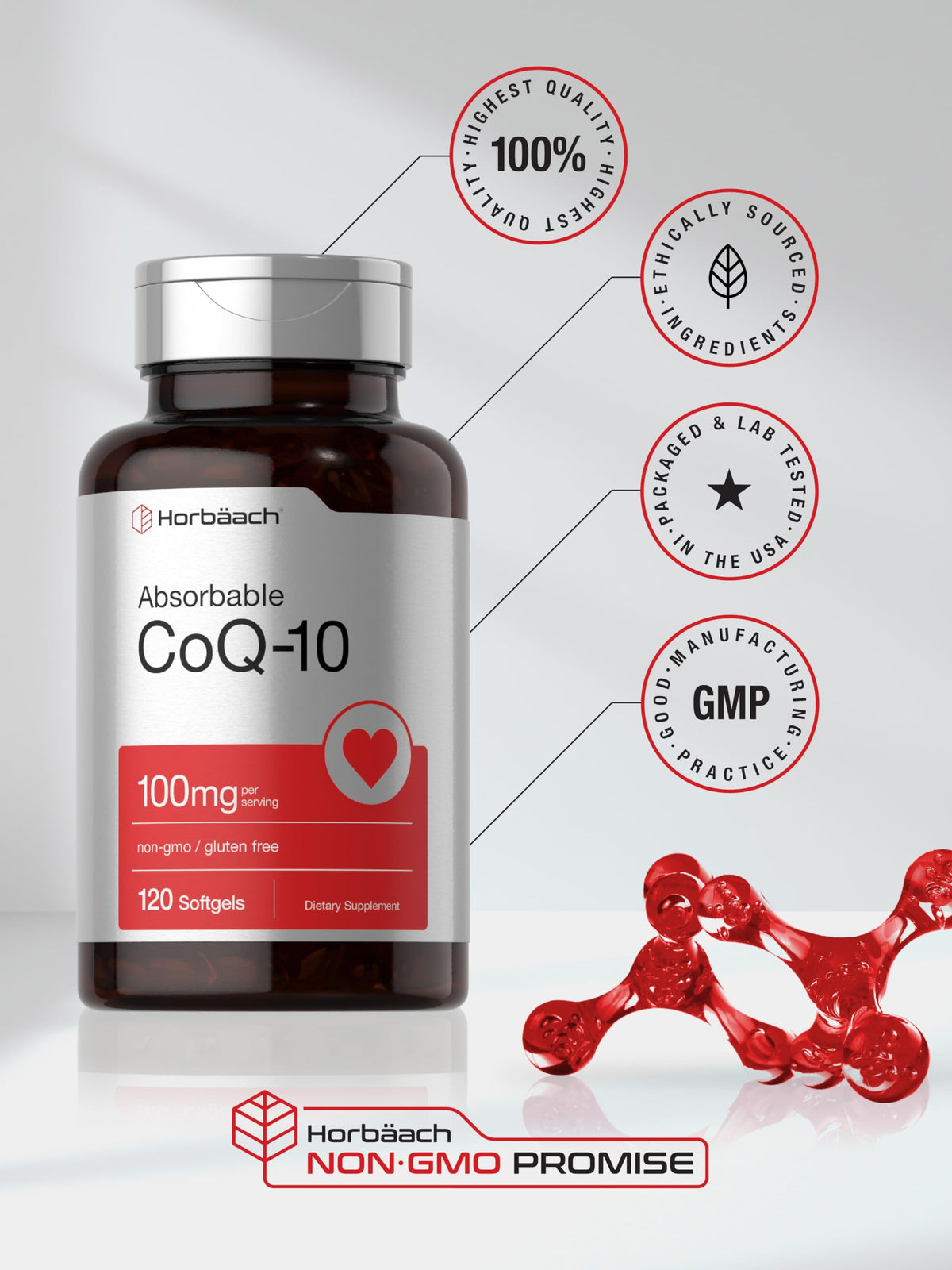 Horbäach CoQ10 100mg Softgels | 120 Count | Non-GMO and Gluten Free Supplement - OmniHealth US
