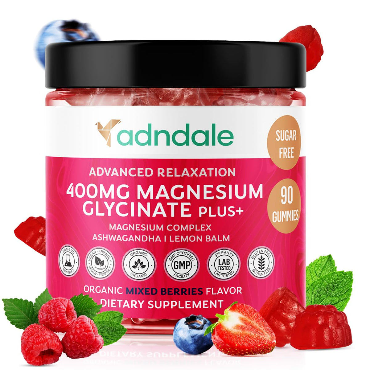 Adndale 90 CT Magnesium Glycinate 400 mg Gummies with Ashwagandha, Magnesium Malate & Taurate, Sugar Free Magnesium Gummies - OmniHealth US