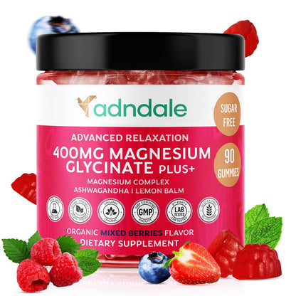 Adndale 90 CT Magnesium Glycinate 400 mg Gummies with Ashwagandha, Magnesium Malate & Taurate, Sugar Free Magnesium Gummies - OmniHealth US