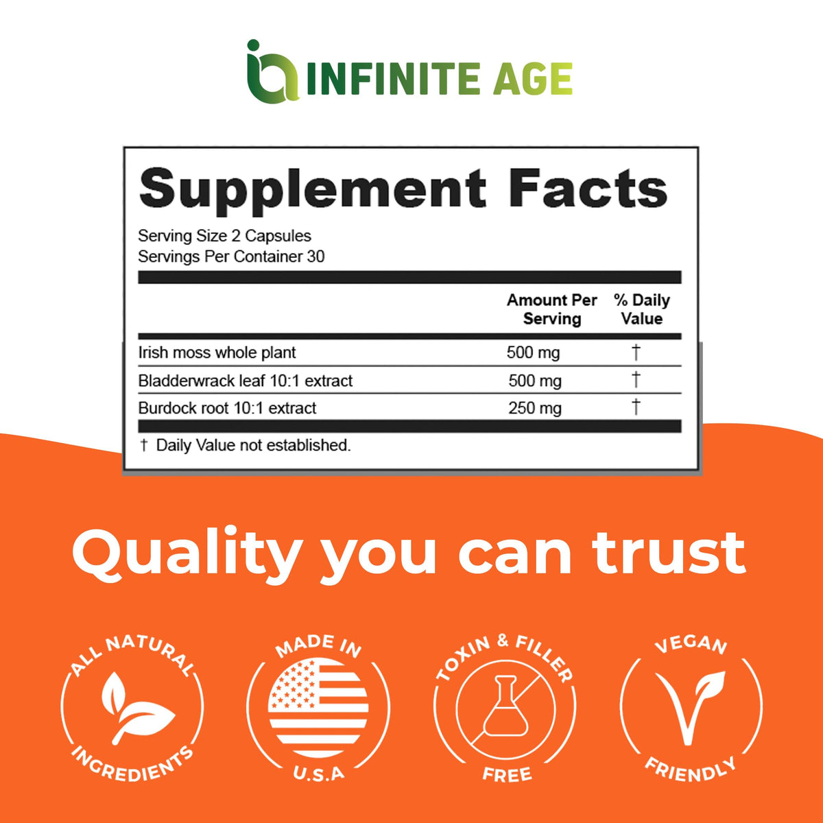 INFINITE AGE 1250mg Sea Moss Advanced Superfood Capsules, 60 Count - High-Potency, Vegan, Made in The USA - Irish Seamoss, Bladderwrack, OmniHealth US