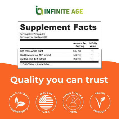 INFINITE AGE 1250mg Sea Moss Advanced Superfood Capsules, 60 Count - High-Potency, Vegan, Made in The USA - Irish Seamoss, Bladderwrack, OmniHealth US