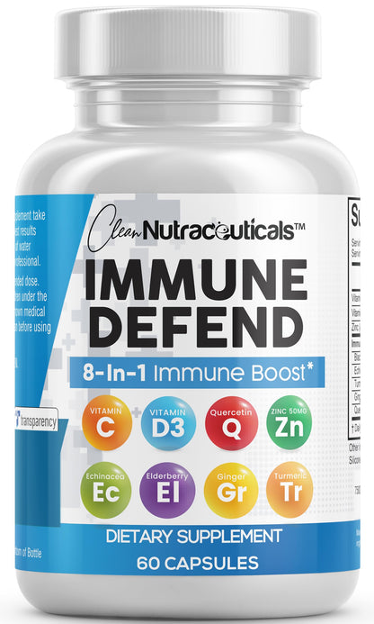 Clean Nutraceuticals Immune Defense Support Supplement 8 in 1 with Zinc 50mg Quercetin, VIT C 1000mg, Vitamin D3 5000 IU, Elderberry, Ginger - OmniHealth US