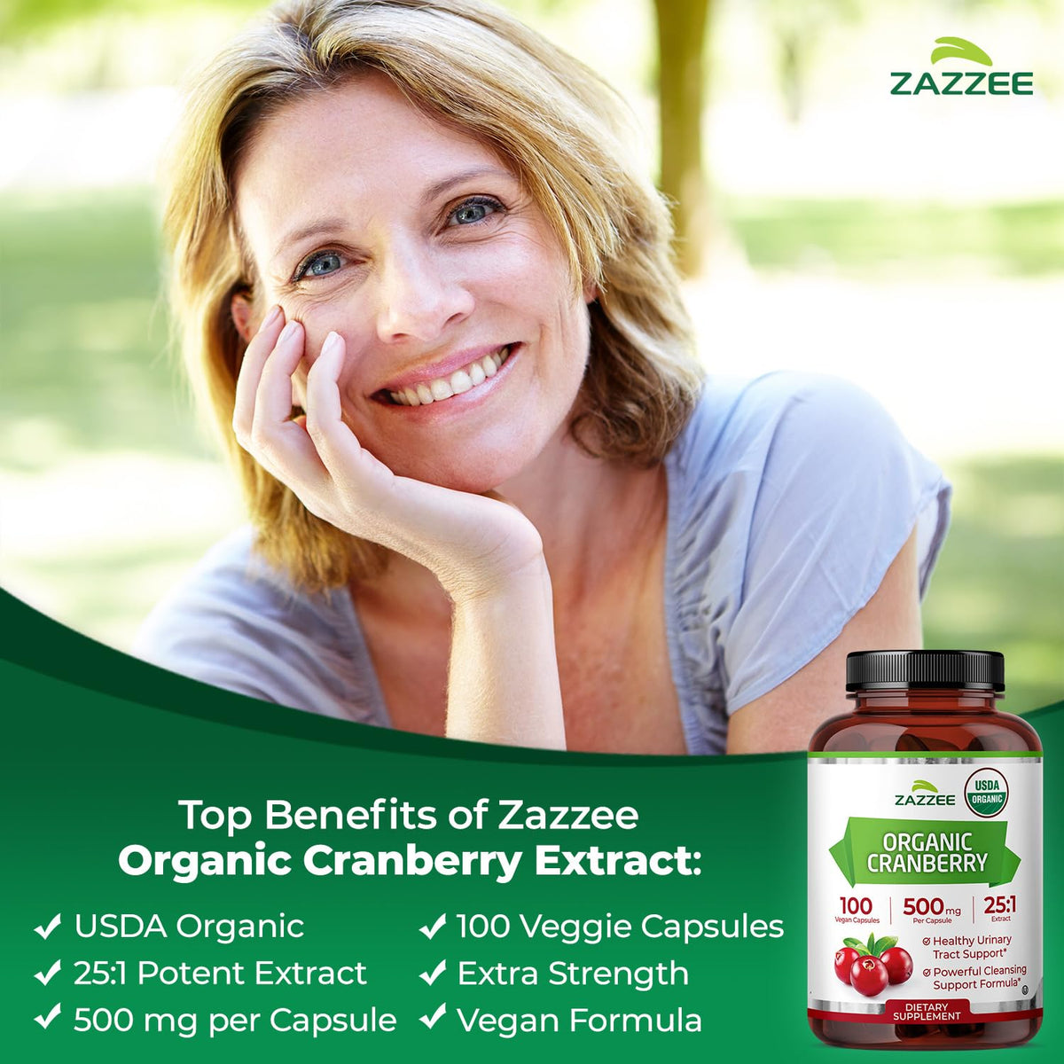 Zazzee USDA Organic Cranberry 25:1 Extract, 500 mg per Capsule, 100 Vegan Capsules, 3+ Month Supply, Certified Kosher, Vaccinium Macrocarpon, Urinary Tract & Bladder Support - OmniHealth US
