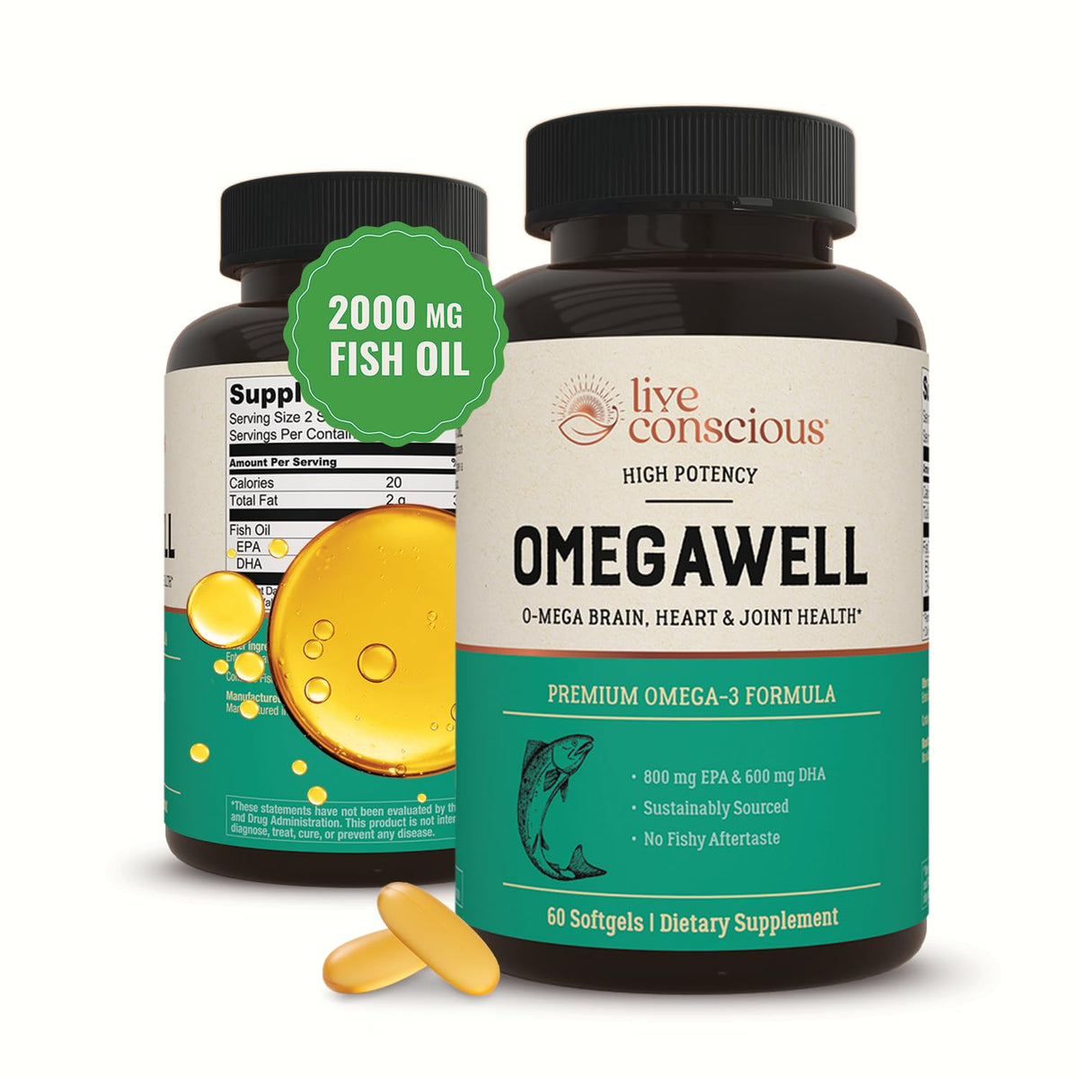 Live Conscious OmegaWell Omega 3 Fish Oil - 2000mg Capsules: Heart, Brain, & Joint Support - 800 mg EPA 600 mg DHA - Sustainably Sourced - OmniHealth US