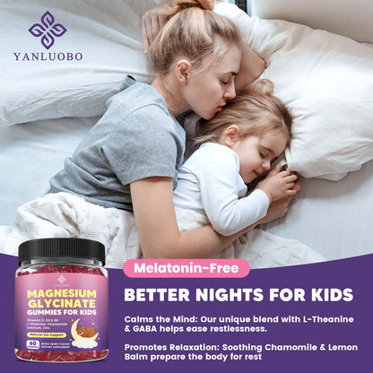 YANLUOBO Kids Magnesium Gummies, Magnesium Glycinate Gummies 400mg/200mg with L-Theanine, Chamomile, Vitamin B6, D3 for Kids, Relaxation & Zzz Support, OmniHealth US