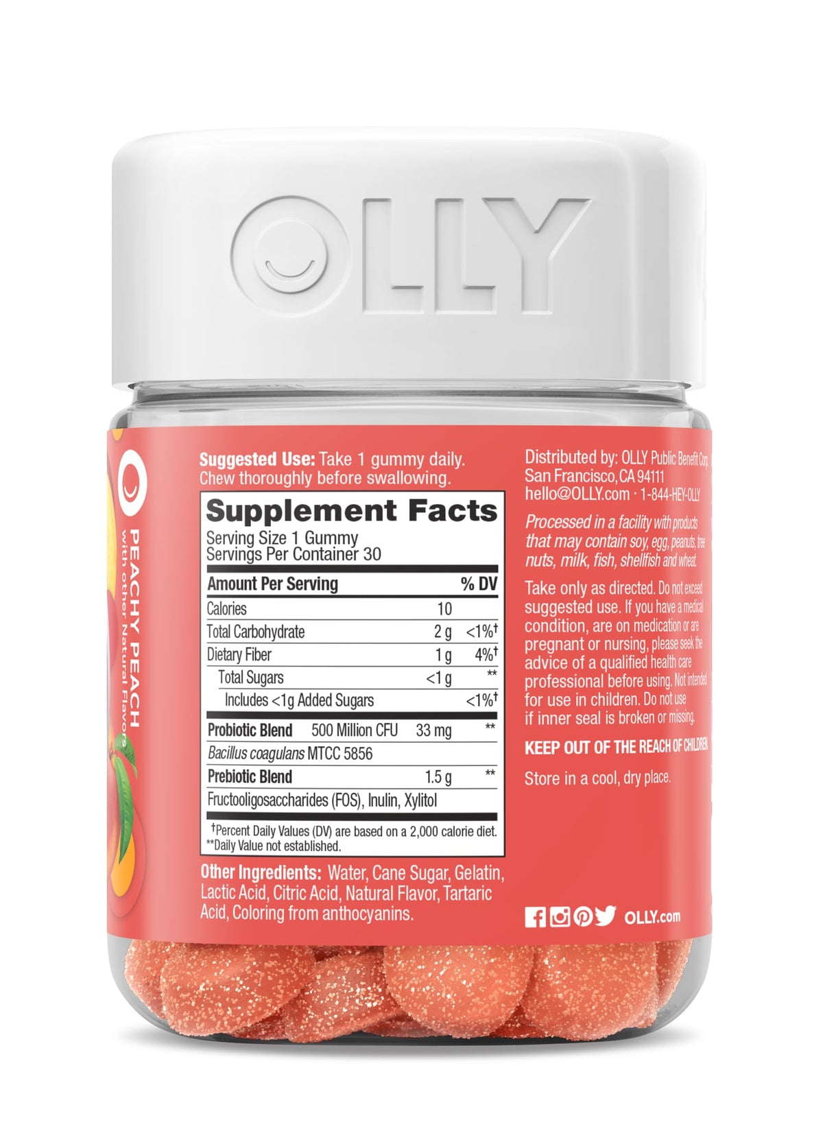 OLLY Probiotic + Prebiotic Gummy, Digestive Support and Gut Health, 500 Million CFUs, Fiber, Adult Chewable Supplement - OmniHealth US