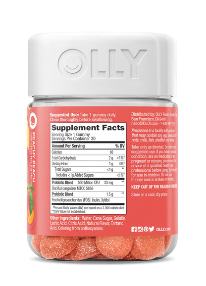 OLLY Probiotic + Prebiotic Gummy, Digestive Support and Gut Health, 500 Million CFUs, Fiber, Adult Chewable Supplement - OmniHealth US