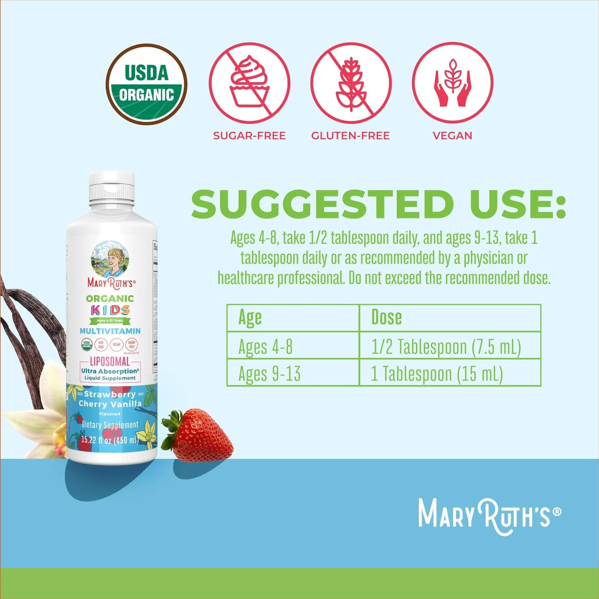 MaryRuth Organics Kids Multivitamin Liposomal (Strawberry Cherry & Vanilla) & Vitamin D3 Liposomal (Mixed Berry) Clean Label Project Verified MARYRUTH'S