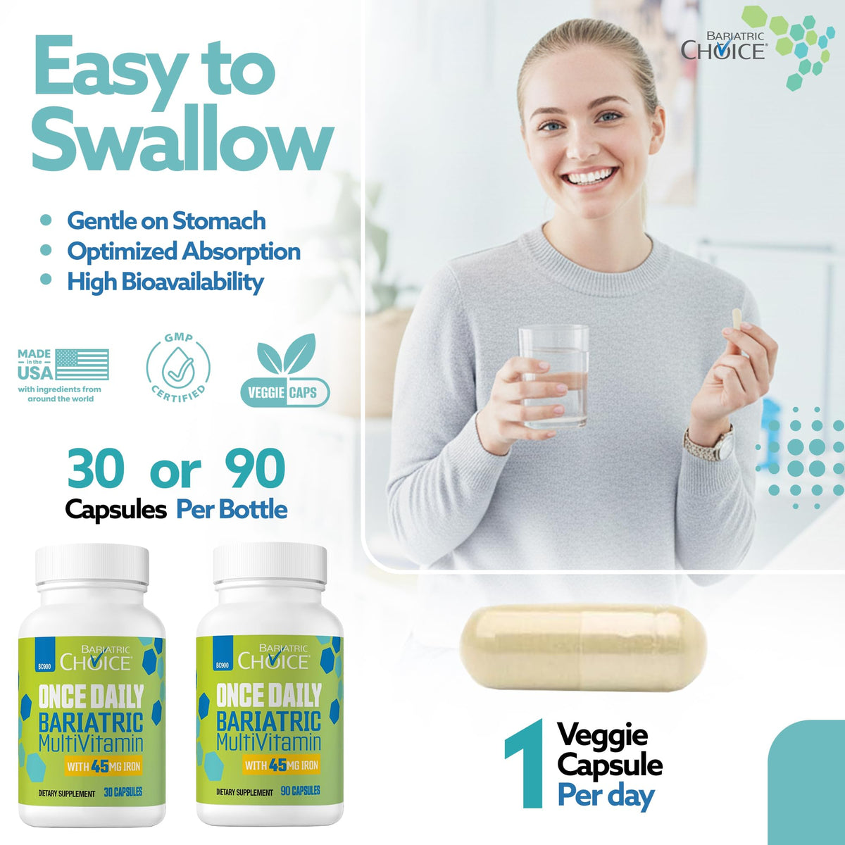 Bariatric Choice Once-Daily Bariatric Multivitamin with 45 mg of Iron | Easy to Swallow Capsule | Vitamin for Bariatric Surgery Patients - OmniHealth US