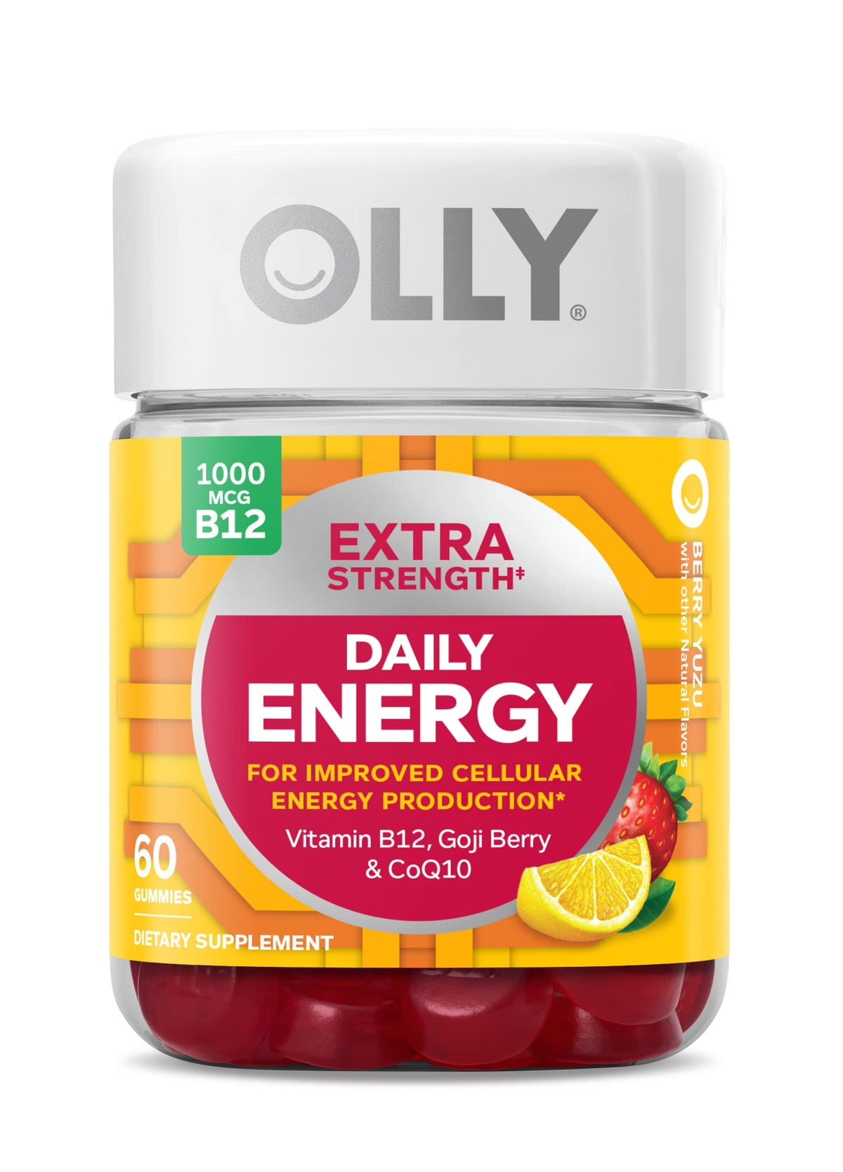 OLLY Extra Strength Daily Energy Gummy, Caffeine Free, 1000mcg Vitamin B12, CoQ10, Goji Berry, Adult Chewable Supplement - OmniHealth US