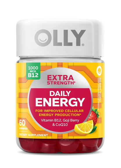 OLLY Extra Strength Daily Energy Gummy, Caffeine Free, 1000mcg Vitamin B12, CoQ10, Goji Berry, Adult Chewable Supplement - OmniHealth US