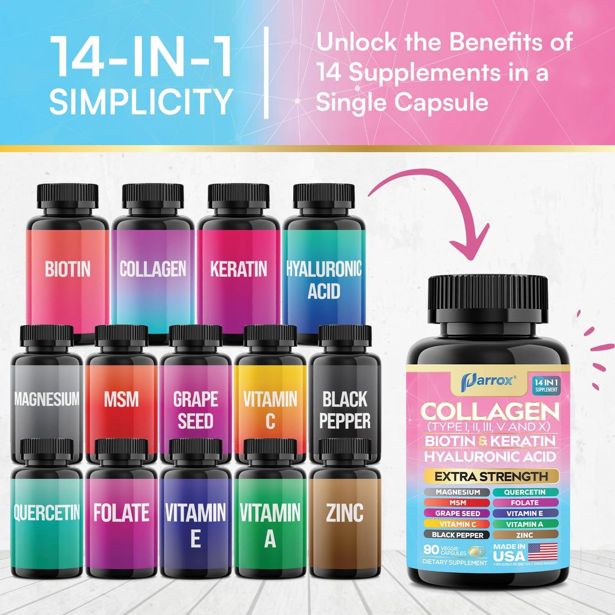 Parrox Collagen Peptides Types I, II, III, V & X, MCG Biotin, Keratin, Hyaluronic Acid, MSM, Zinc, Grape Seed Extract, Quercetin, Vitamin A, Vitamin C, OmniHealth US