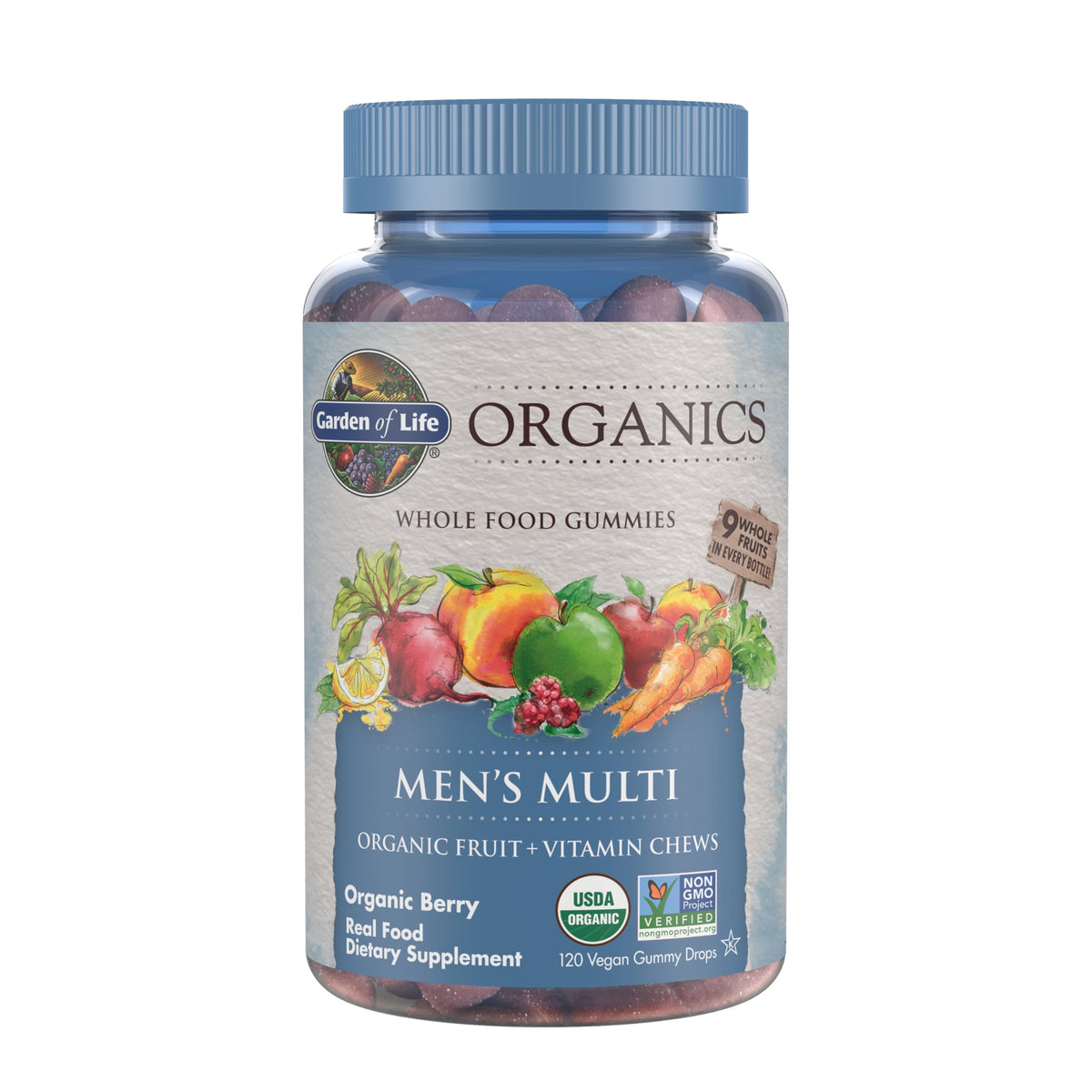 Garden of Life Organics Men's Gummy Vitamins - Berry - Certified Organic, Non-GMO, Vegan, Kosher Complete Multi - Methyl B12, C & D3 - Gluten - OmniHealth US