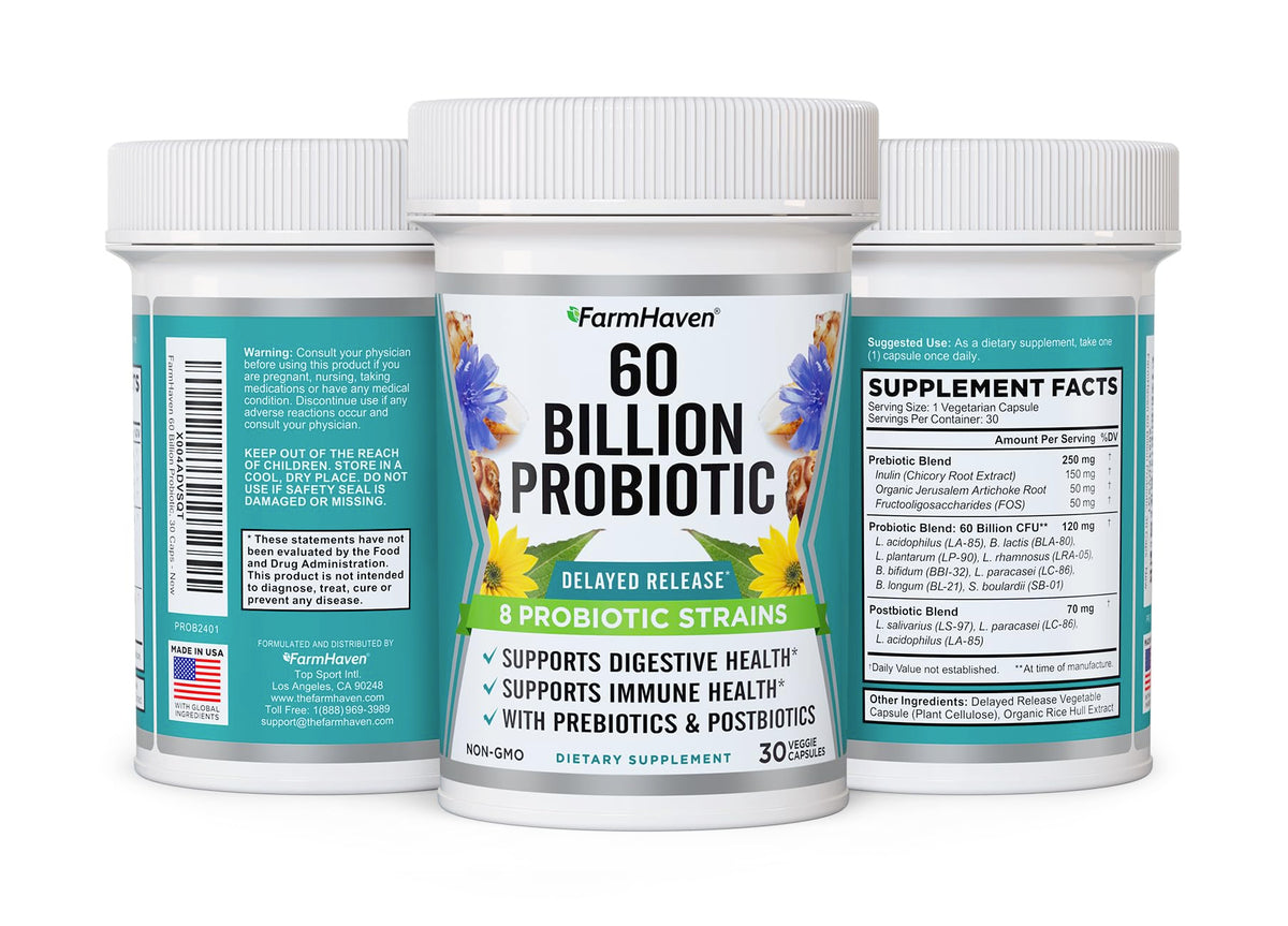 FarmHaven 60 Billion CFU Probiotic - 8 Probiotic Strains - Prebiotics & Postbiotics - Supports Digestive & Immune Health - Delayed Release - Shelf Stable - OmniHealth US