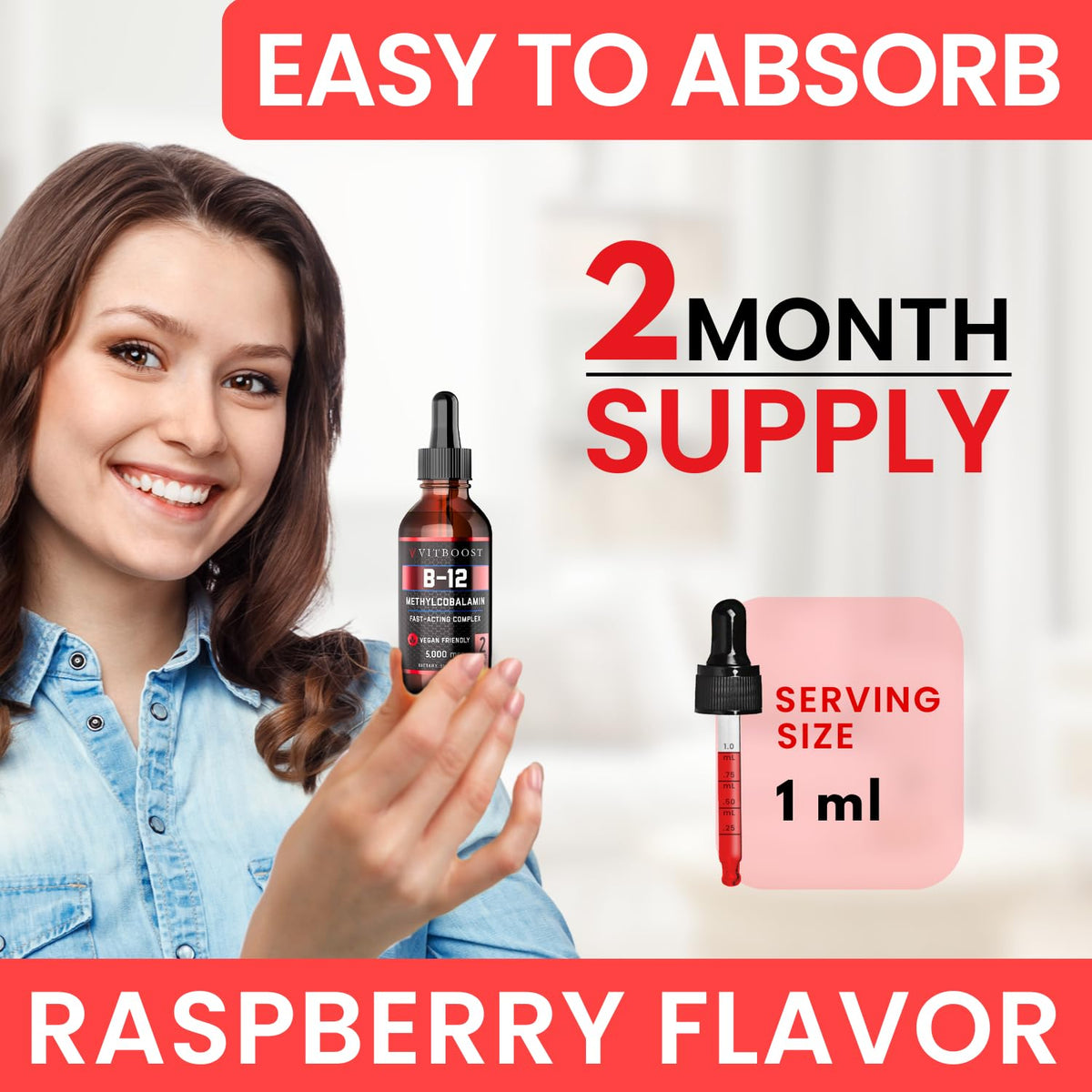 VITBOOST Vegan Liquid B-12 Drops – 60 x 5000 mcg Extra Strength Raspberry Flavored Vitamin B12 Liquid Methylcobalamin sublingual Supplement | Designed to Maximize Absorption - OmniHealth US