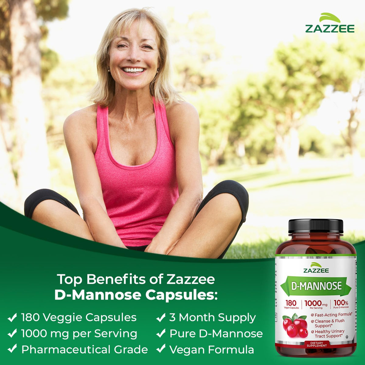Zazzee D-Mannose, 1000 mg per Serving, 180 Vegan Capsules, 3 Month Supply, Potent & Fast-Acting, Certified Kosher, 100% Pure, All-Natural Urinary Tract Health Support - OmniHealth US
