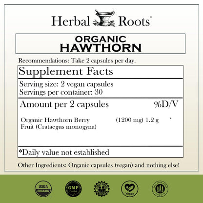 Herbal Roots Organic Hawthorn Berry Capsules | Extra Strength 1,200mg per Serving | 60 Vegan Capsules - OmniHealth US