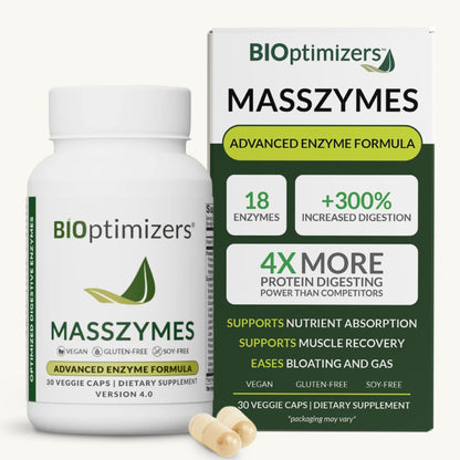 BIOptimizers MassZymes - Complete Digestive Enzymes Supplement for Gut Health - Bloating Relief for Men and Women - Lipase Amylase Bromelain Digestive Enzymes (30 Capsules) - OmniHealth US