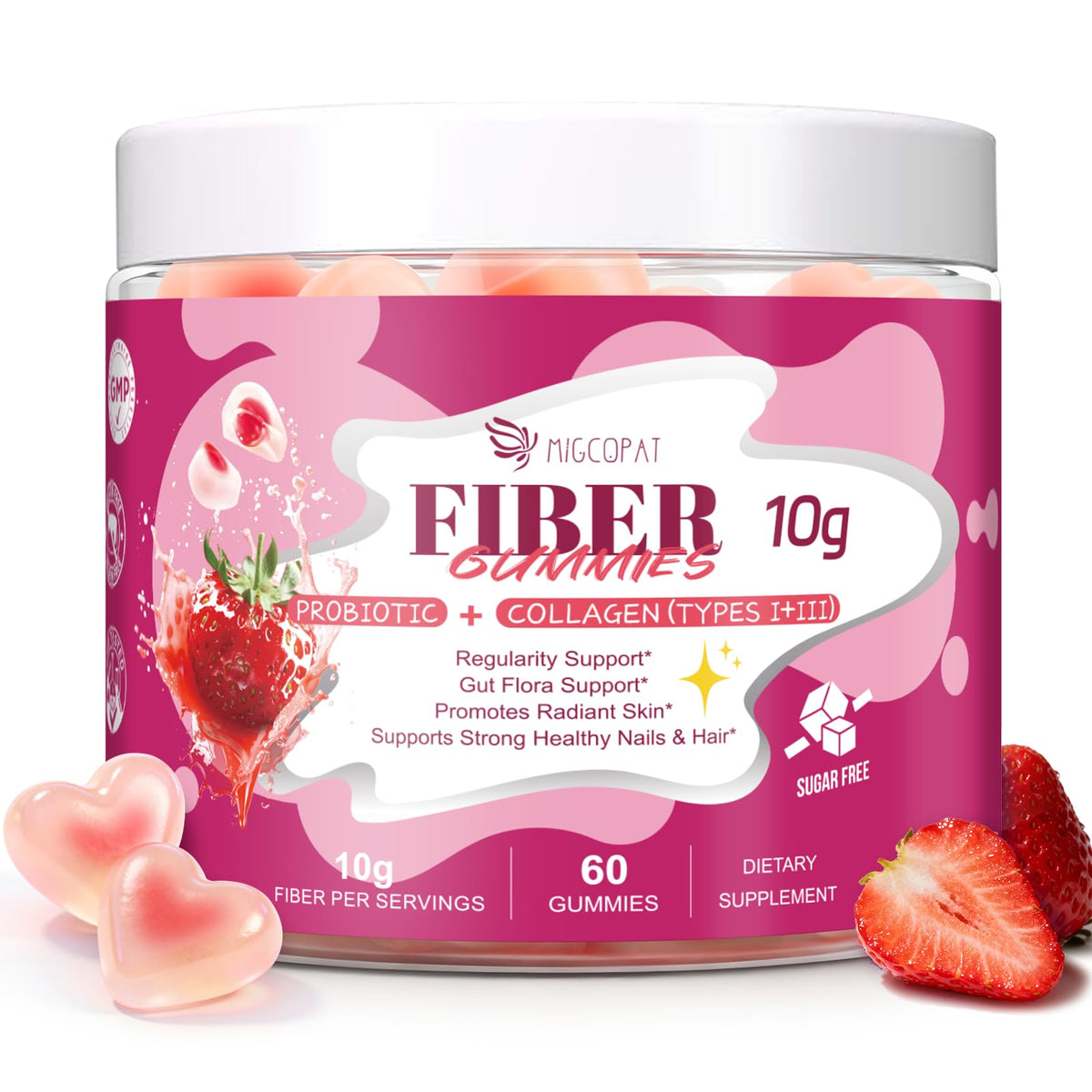 Migcopat 10G Fiber Gummies with Collagen Peptides, Hyaluronic Acid, Vitamin C, ACV, 30 Billion CFU Probiotics – Sugar Free Collagen Gummy for Skin, Hair & Nails - OmniHealth US