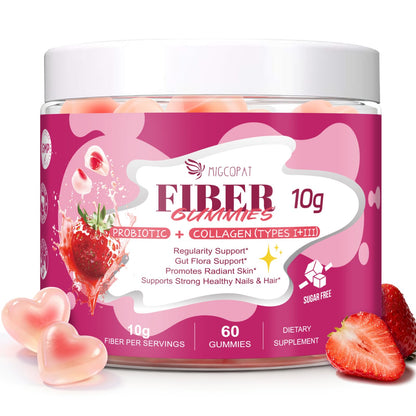 Migcopat 10G Fiber Gummies with Collagen Peptides, Hyaluronic Acid, Vitamin C, ACV, 30 Billion CFU Probiotics – Sugar Free Collagen Gummy for Skin, Hair & Nails - OmniHealth US