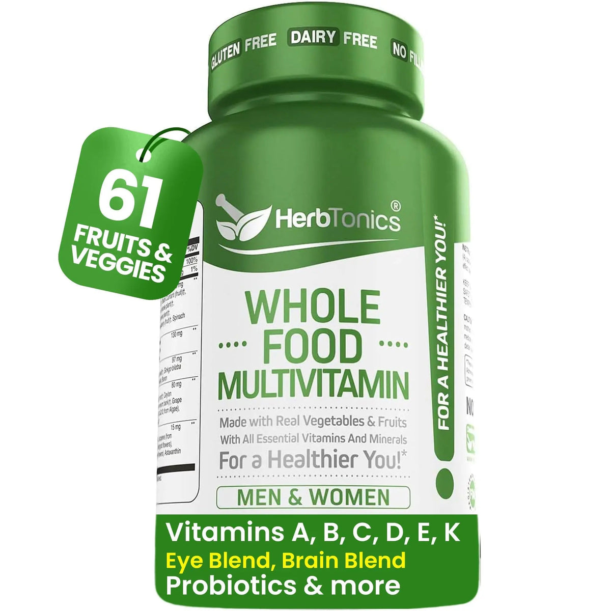 Herbtonics Whole Food Multivitamin for Men & Women – Vegan Multivitamin with Real Fruits & Veggies, Probiotics, CoQ10 Herbtonics