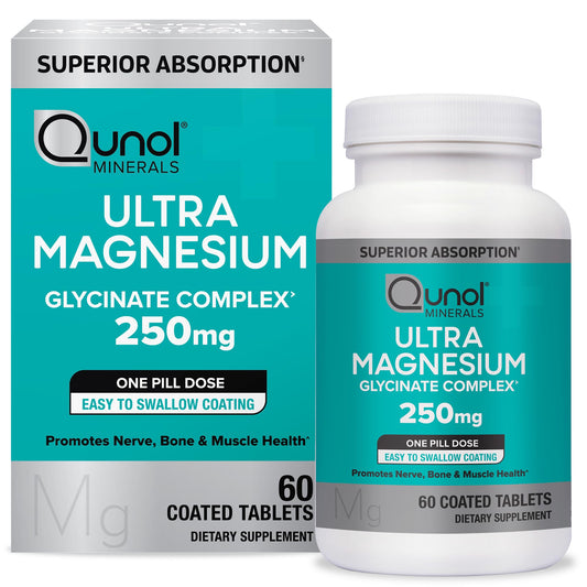 Qunol Magnesium Glycinate Complex, Gentle on Stomach, 250mg One Pill Dose, Superior-Absorption Magnesium, Nerve - OmniHealth US