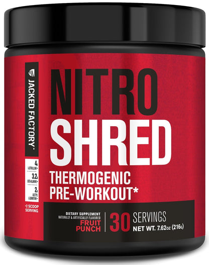 Jacked Factory NITROSURGE Shred Pre Workout Supplement - Energy Booster, Instant Strength Gains, Sharp Focus, Powerful Pumps - Nitric Oxide Booster & PreWorkout Powder - 30Sv, Fruit Punch - OmniHealth US