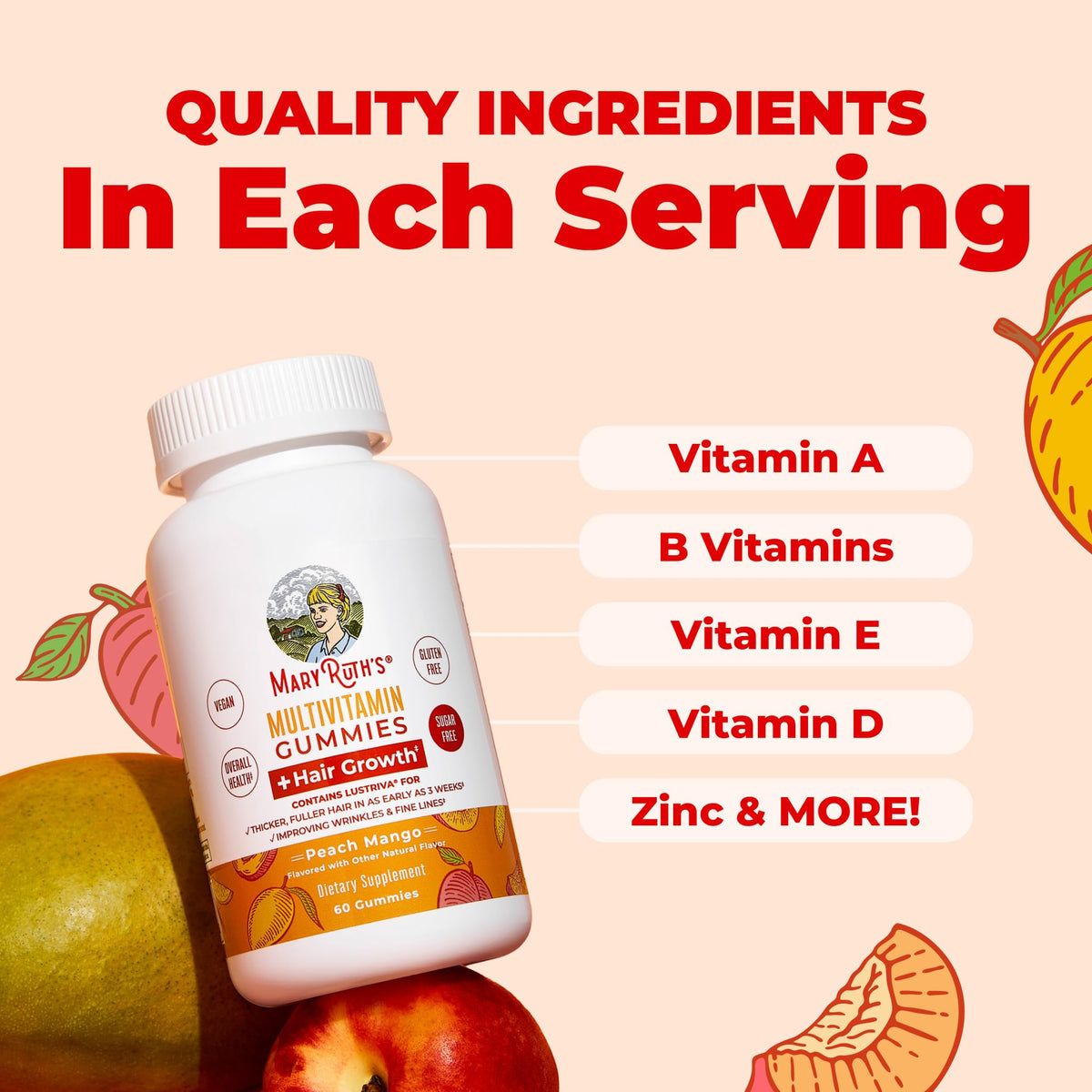 MaryRuth's Multivitamin + Hair Growth Gummies | with Lustriva® | Biotin 10000mcg | B Vitamins | Formulated for Thicker Hair, Wrinkles, Fine Line - OmniHealth US