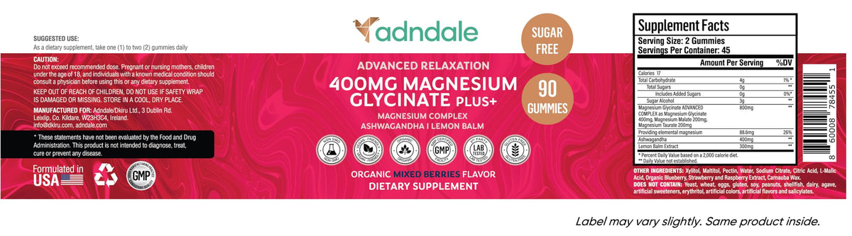 Adndale 90 CT Magnesium Glycinate 400 mg Gummies with Ashwagandha, Magnesium Malate & Taurate, Sugar Free Magnesium Gummies - OmniHealth US