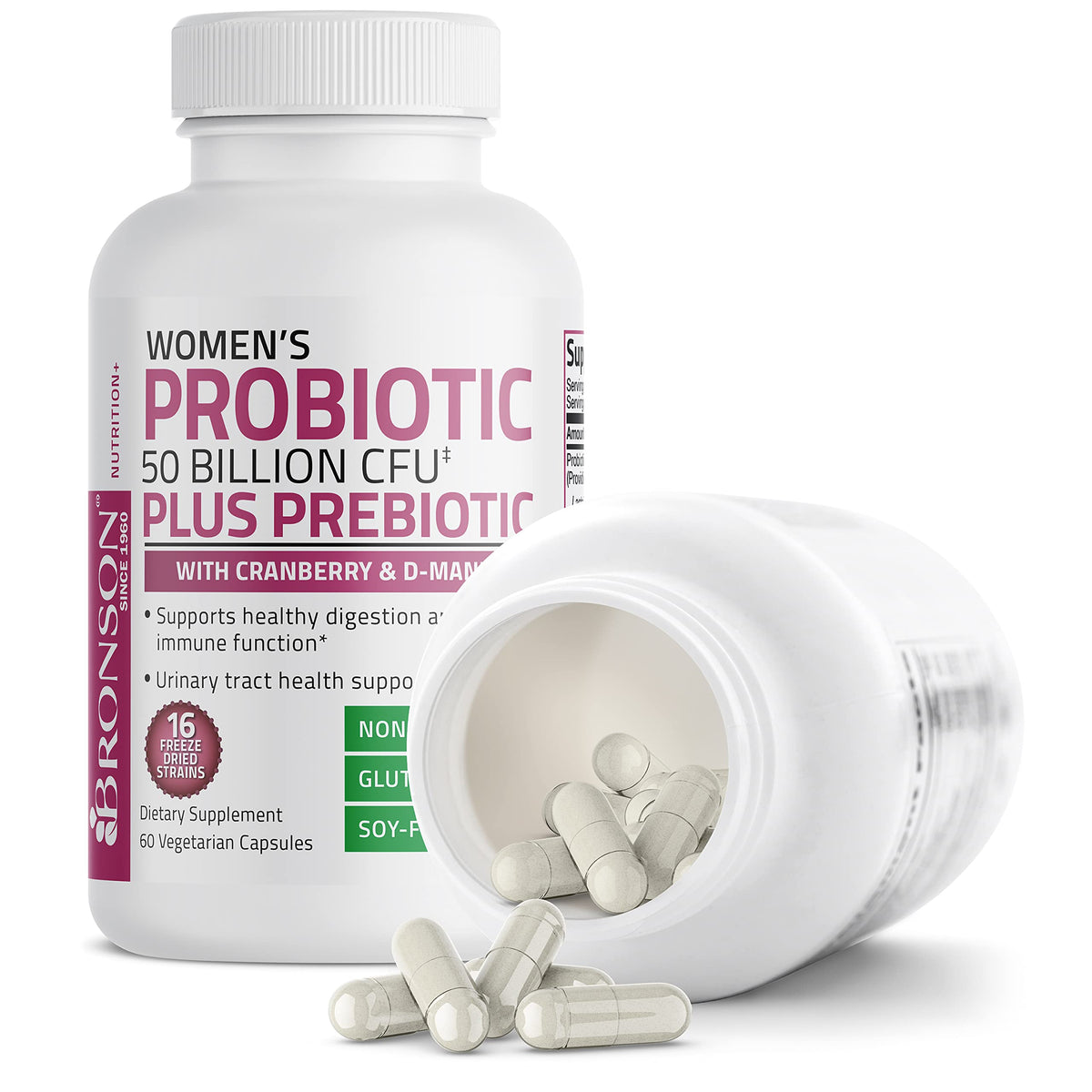 Bronson Women's Probiotic 50 Billion CFU + Prebiotic with Cranberry & D-Mannose – Vaginal Health, Healthy Digestion, Immune Function and Urinary Tract Support, Non-GMO, 60 Vegetarian Capsules - OmniHealth US