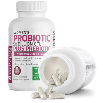 Bronson Women's Probiotic 50 Billion CFU + Prebiotic with Cranberry & D-Mannose – Vaginal Health, Healthy Digestion, Immune Function and Urinary Tract Support, Non-GMO, 60 Vegetarian Capsules - OmniHealth US