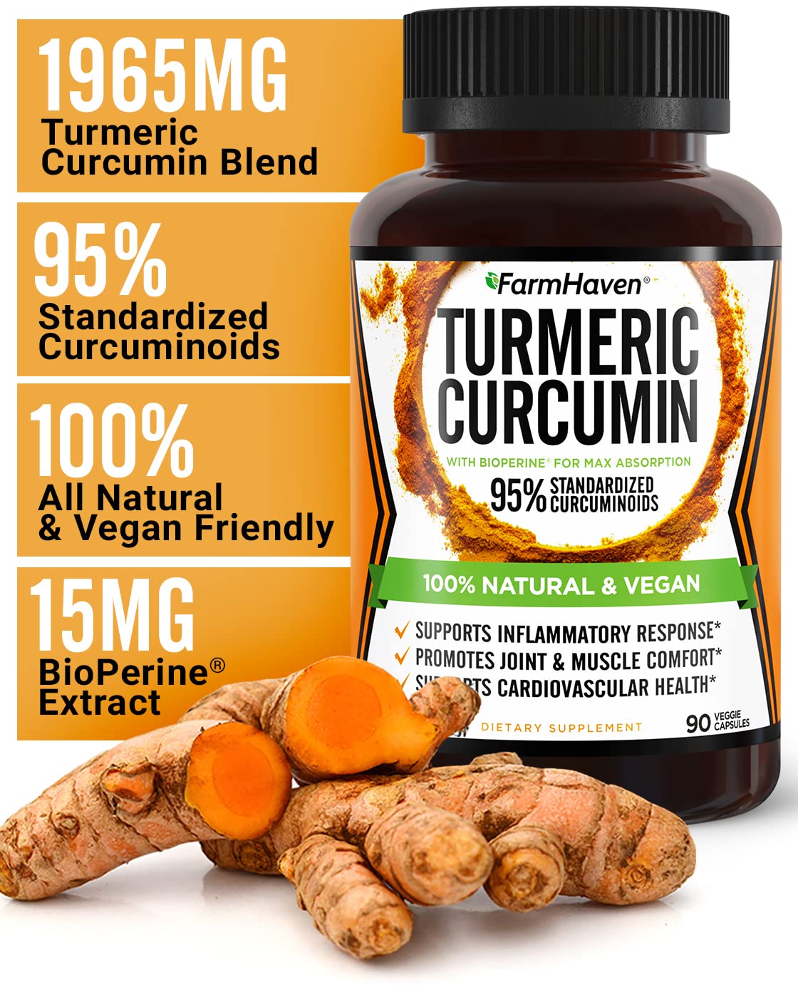 Turmeric Curcumin with BioPerine Black Pepper & 95% Curcuminoids, 1965mg, Maximum Absorption for Joint Support, Non-GMO Turmeric Capsules, OmniHealth US