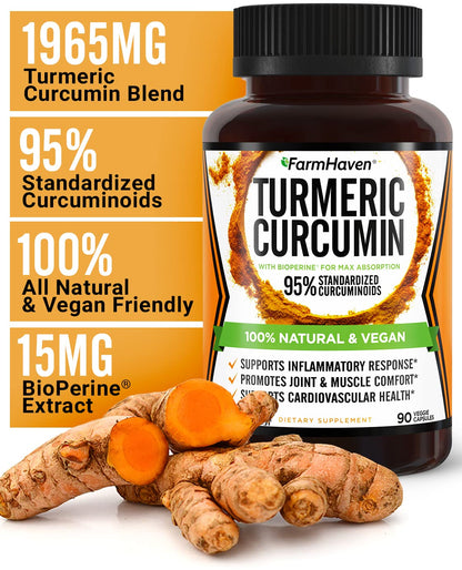 Turmeric Curcumin with BioPerine Black Pepper & 95% Curcuminoids, 1965mg, Maximum Absorption for Joint Support, Non-GMO Turmeric Capsules, OmniHealth US