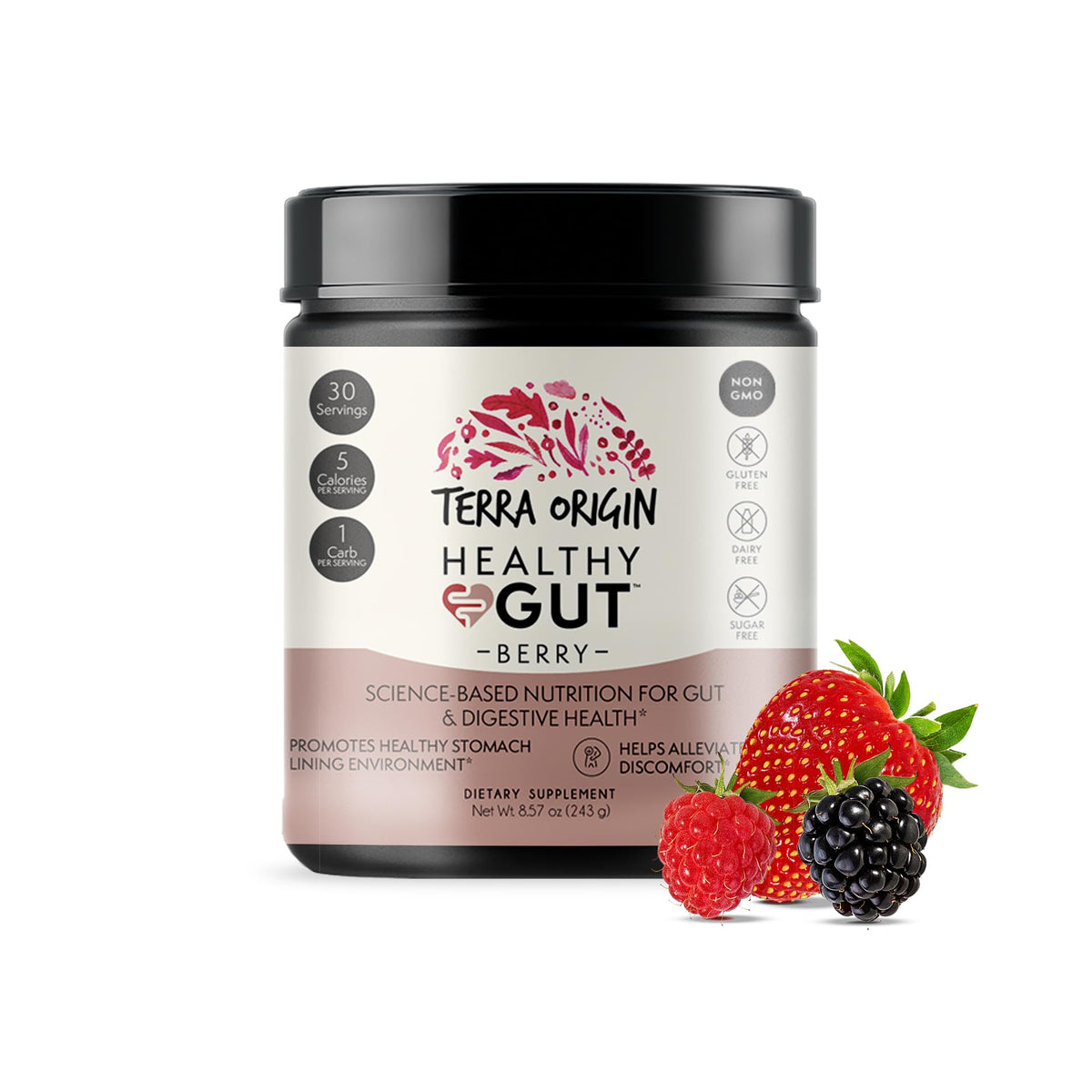 TERRA ORIGIN Healthy Gut Powder (Berry Flavor) |30-Servings with L-Glutamine, Zinc, Glucosamine, Slippery Elm Bark, Marshmallow Root and More! - OmniHealth US
