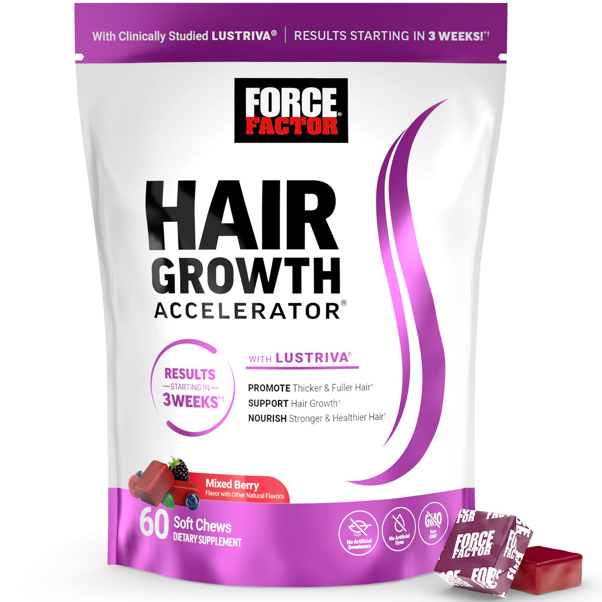 Force Factor Hair Growth Accelerator Soft Chews, Hair Growth Vitamins for Women and Men with Clinically Studied Lustriva and Biotin, Promotes Thicker - OmniHealth US
