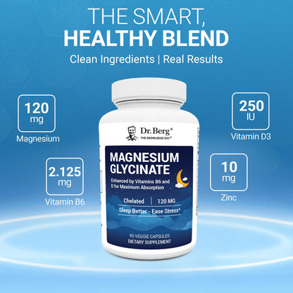 Dr. Berg Magnesium Glycinate 90ct – 4-in-1 Chelated for Muscle, Nerve, Sleep & Stress Support*– w/ D3, B6 & Zinc – 4X Lab-Tested – No Fillers – Formulated in USA, GMP-Certified - OmniHealth US
