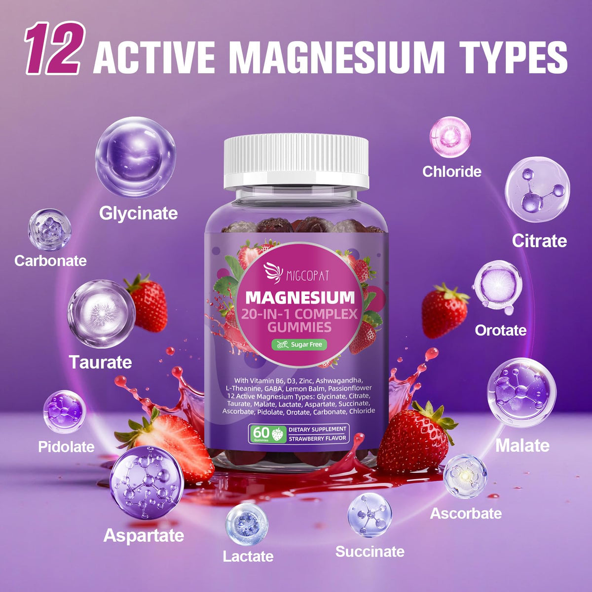 Migcopat Magnesium Complex Gummies, 20 in 1 Magnesium Gummy with Glycinate Citrate Malate Taurate - Ashwagandha, L-Theanine, D3&Zinc for Relaxation, OmniHealth US