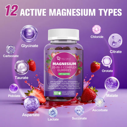 Migcopat Magnesium Complex Gummies, 20 in 1 Magnesium Gummy with Glycinate Citrate Malate Taurate - Ashwagandha, L-Theanine, D3&Zinc for Relaxation, OmniHealth US