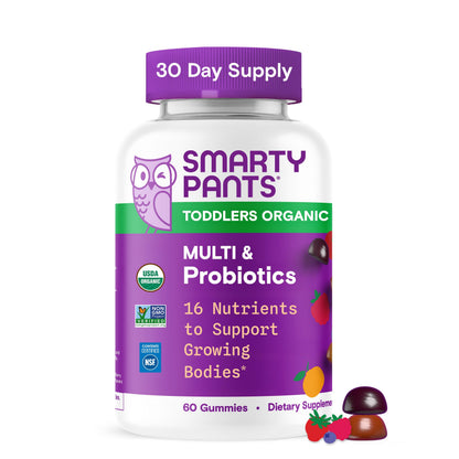 SmartyPants Organic Toddler Multivitamin Gummies: Probiotics, Omega 3 (ALA), Vitamin D3, C, Vitamin B12, B6, A, K & Zinc, Beta Carotene, Gluten Free - OmniHealth US