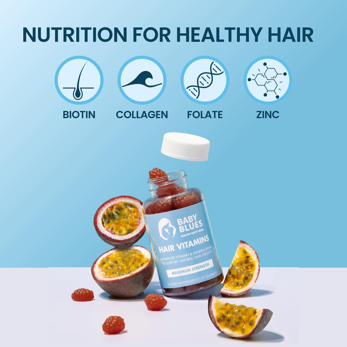 Baby Blues Postpartum Hair Loss Vitamins - Passion Fruit Gummies with Biotin, Collagen, & Folate - OmniHealth US