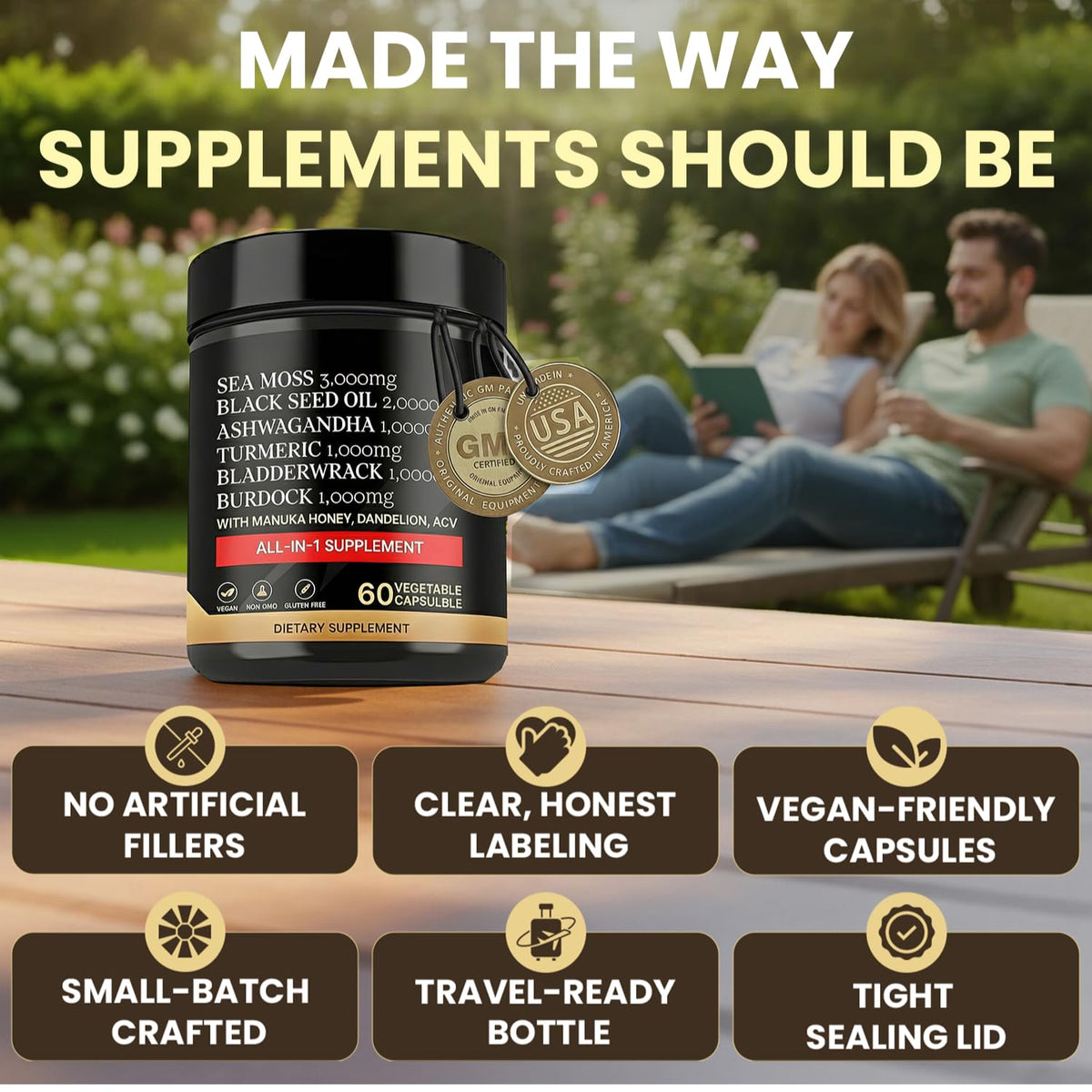 AZ ApexZone True Sea Moss Capsules Black Seed Oil Ashwagandha Burdock Root, Tumeric Supplement with Manuka Honey, Dandelion Root ACV - 60 Capsules - Multi Vitamin AZ ApexZoneBuy Supplements Australia
